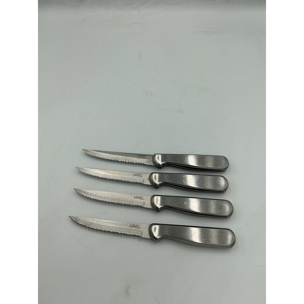 Ginsu Steak Knives Stainless Steel Set of 4 Silver Serrated Full Tang Edge